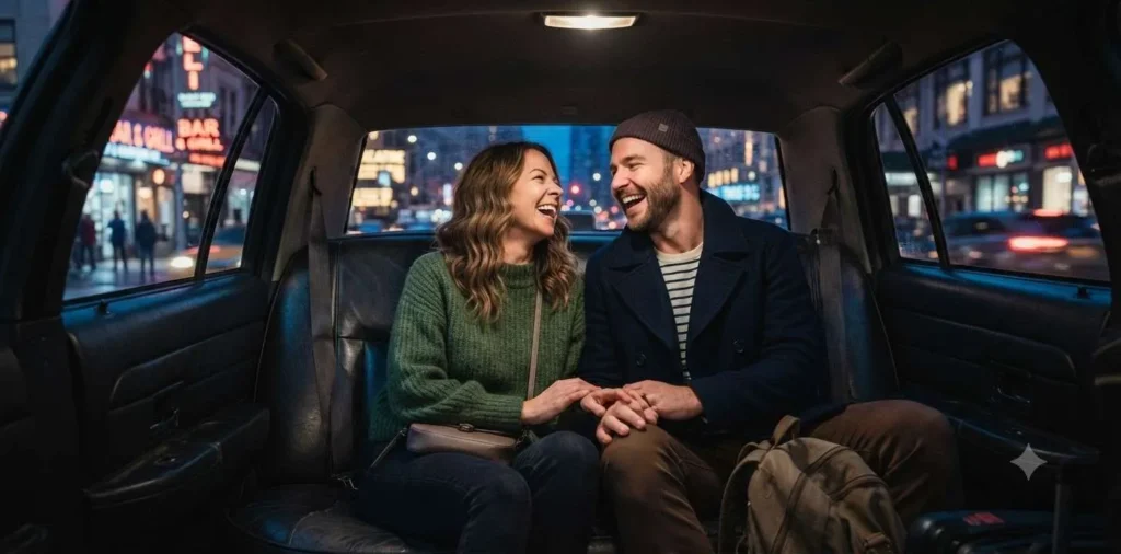Couple smiling during a yellow taxi ride