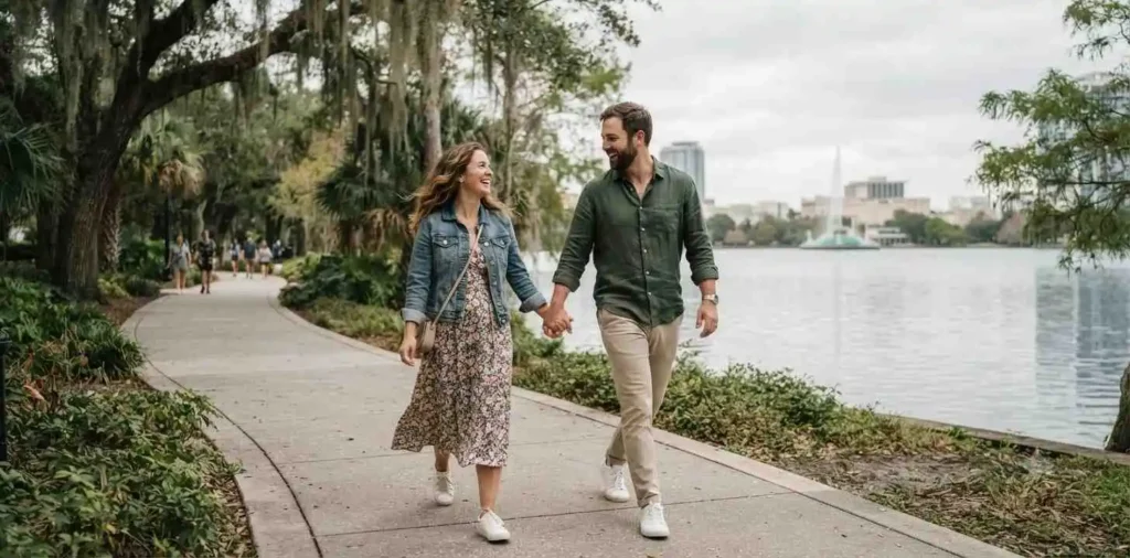Couple enjoying a romantic walk near the lake