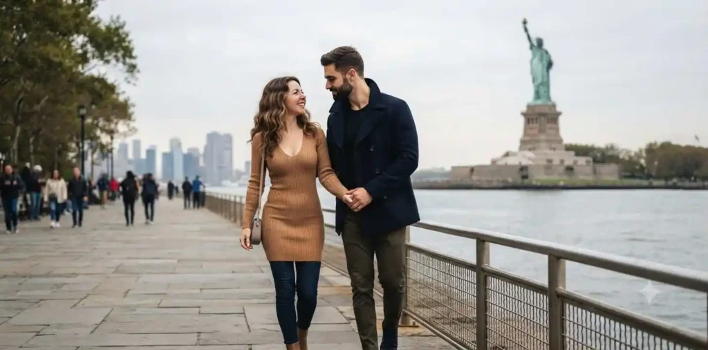 Couple enjoying a visit near the Statue of Liberty