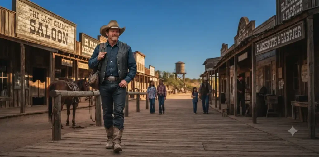 Cowboy walking through historic Fort Worth street