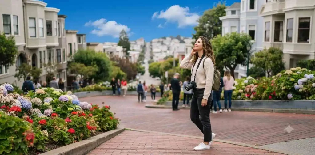 Traveler viewing Lombard Street curves