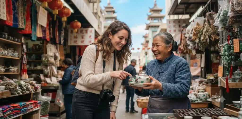 Travelers exploring Chinatown culture