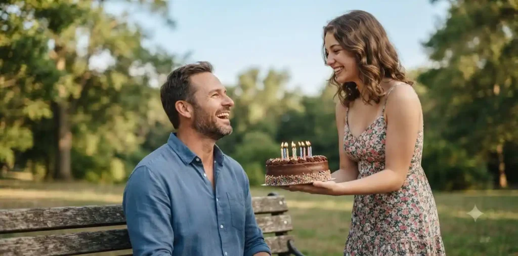 Daughter giving birthday cake to her father