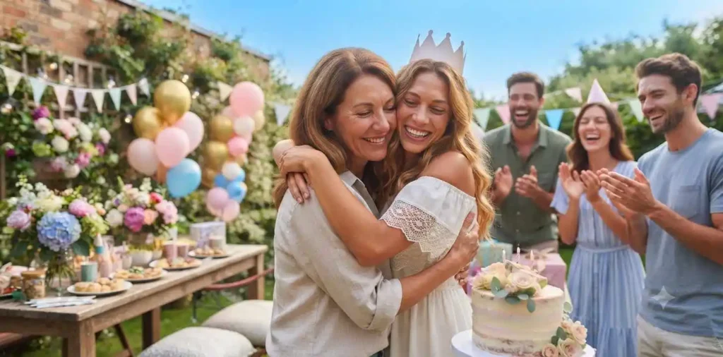 Mother hugging daughter during birthday celebration