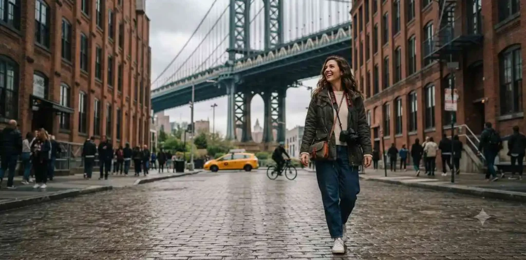 Traveler walking through DUMBO neighborhood street