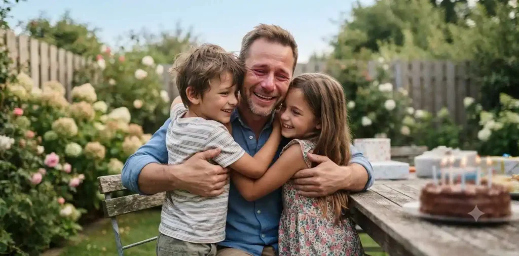 Father hugging his children on his birthday