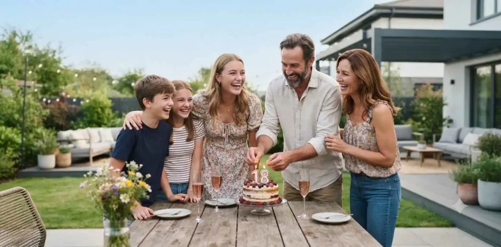 Family gathered around birthday cake smiling together