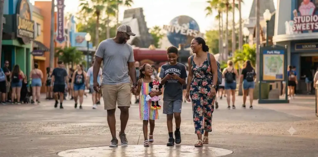 Family exploring a movie-themed amusement park together
