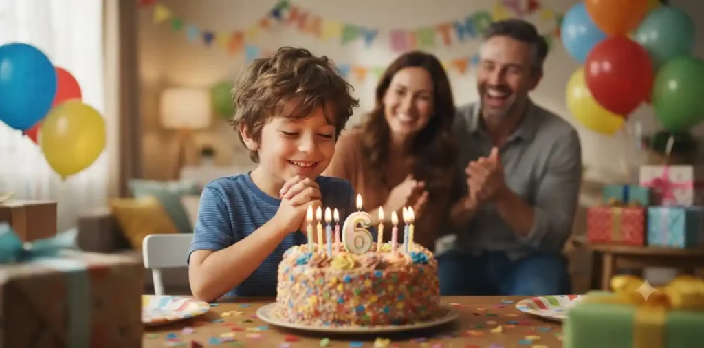 Boy blowing out birthday cake candles