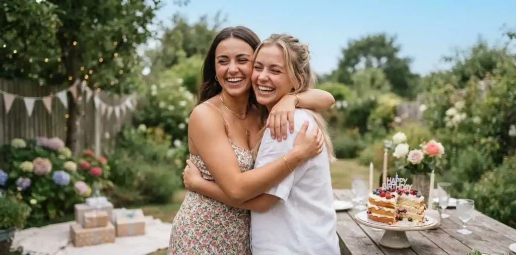 Best friends sharing a warm birthday hug