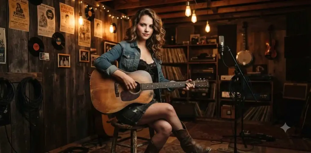 Woman reflecting in cozy rustic music studio
