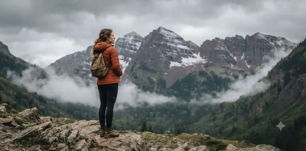 Traveler admiring majestic mountain landscape