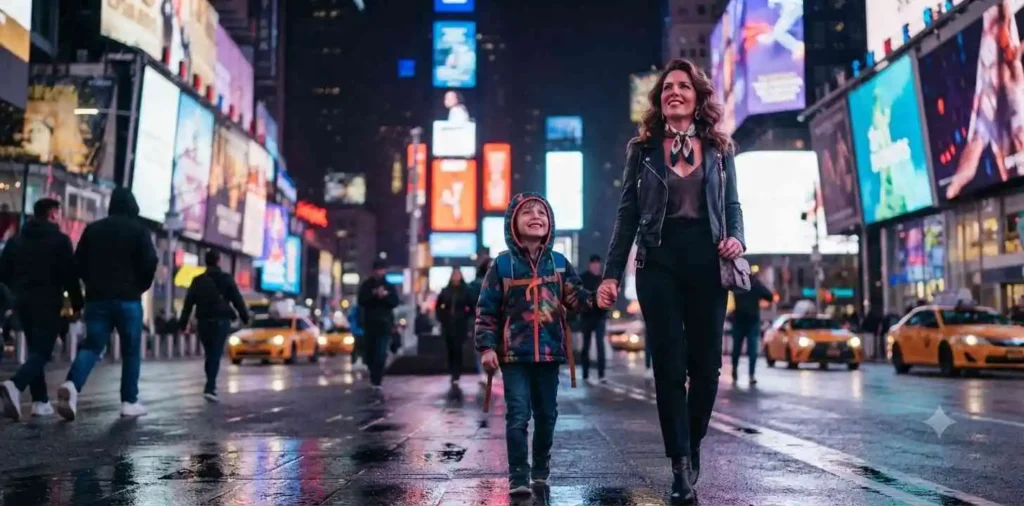 Child admiring colorful Times Square lights