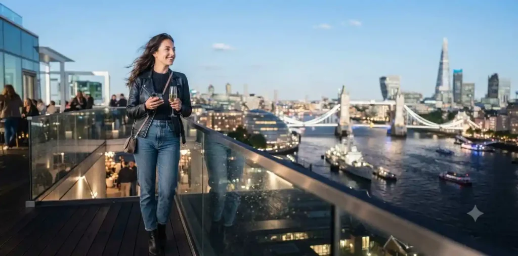 Traveler overlooking London's illuminated skyline