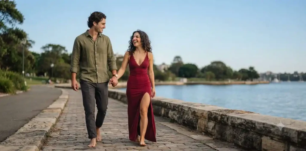 Couple holding hands during a romantic walk