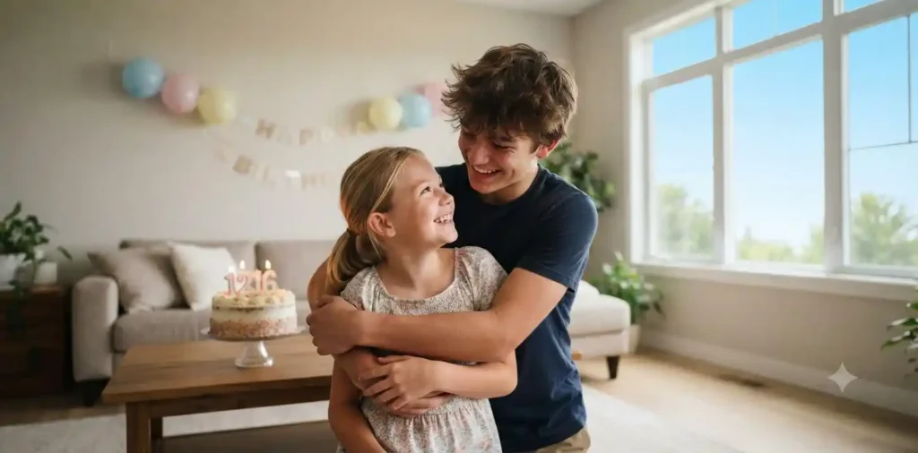 Brother hugging sibling during birthday celebration