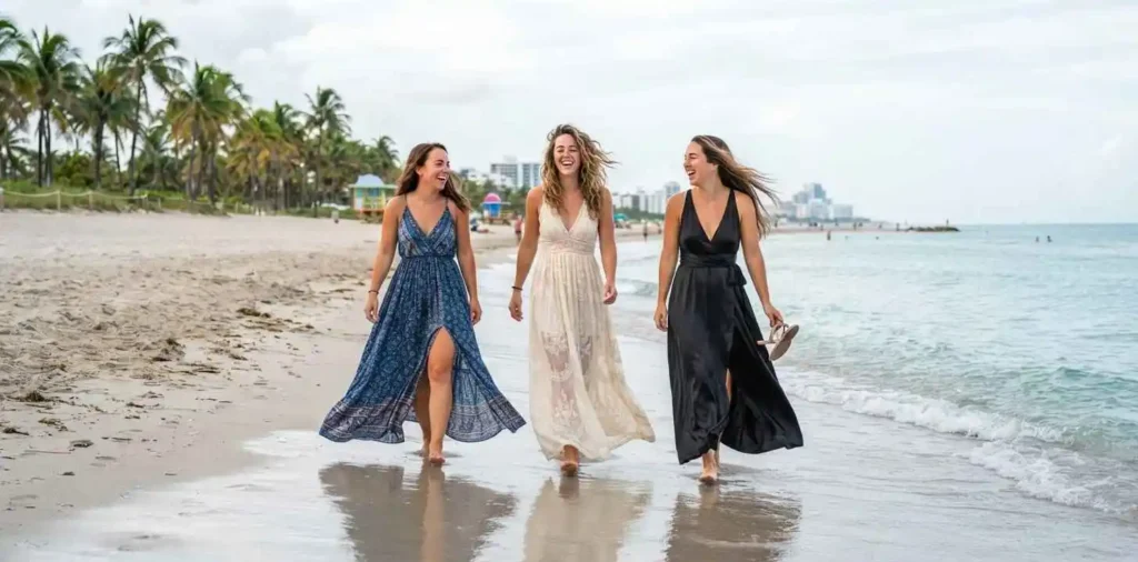 Friends strolling along Miami Beach