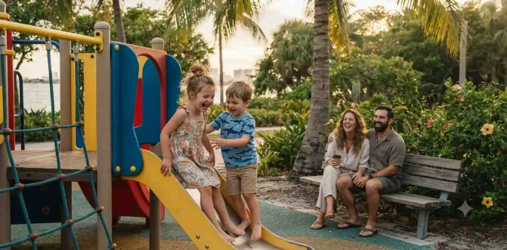 Children playing at a Miami waterfront park