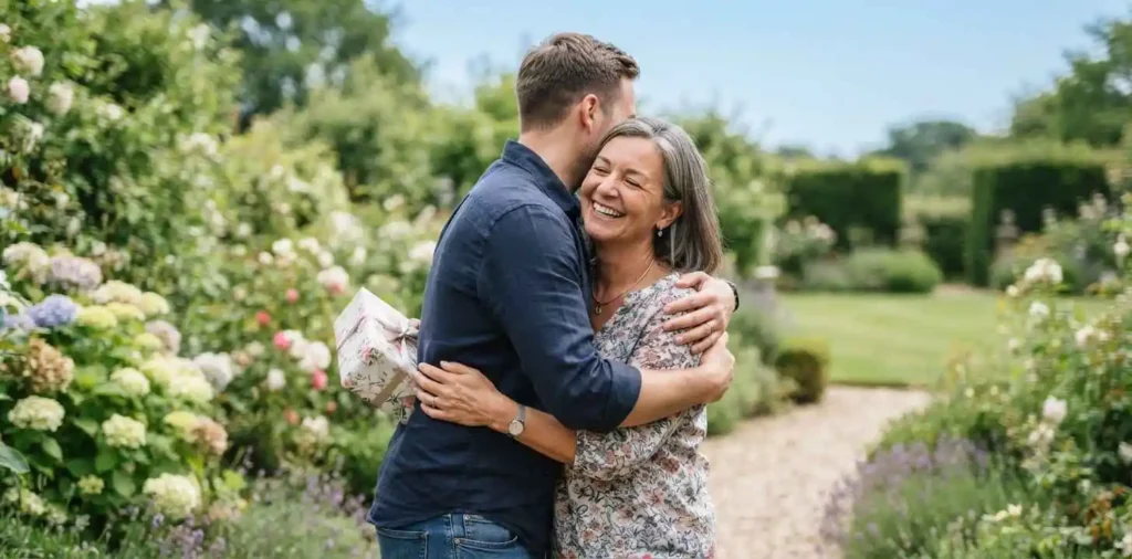 Son hugging his mother on her birthday