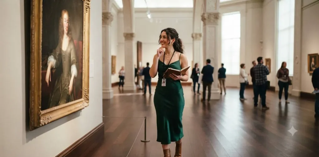 Girl viewing artwork inside a museum gallery