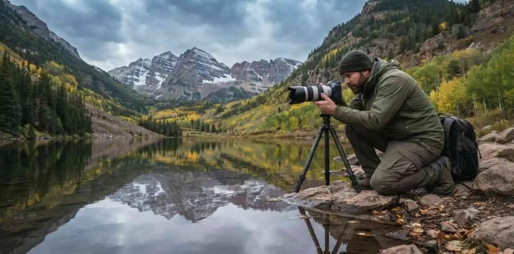 Photographer capturing mountain lake reflections