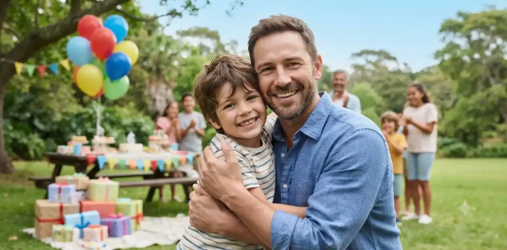 Uncle hugging nephew at birthday celebration