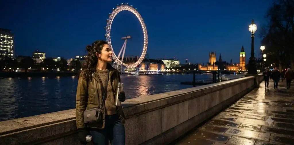 Traveler enjoying the illuminated London Eye at night