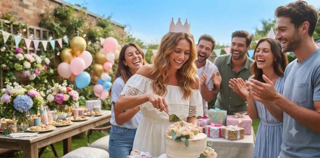 Friends celebrating a birthday with balloons