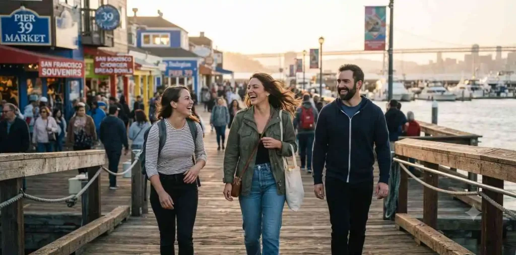 Visitors enjoying Pier 39 waterfront atmosphere