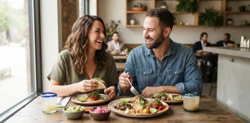 Couple enjoying tacos at a modern restaurant