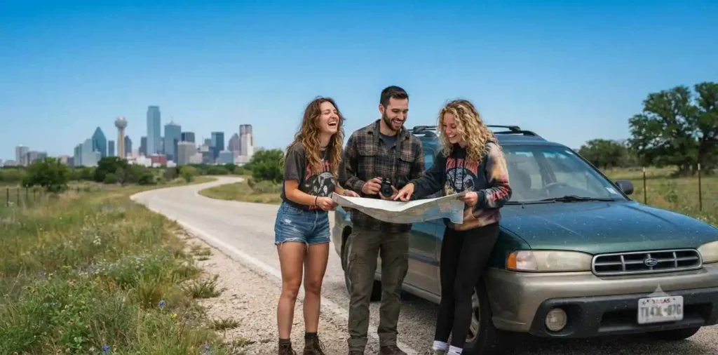 Friends beside a car during a road trip