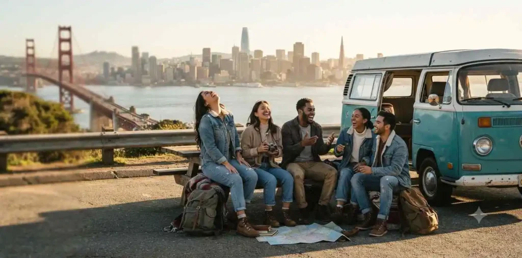Friends enjoying a scenic road trip