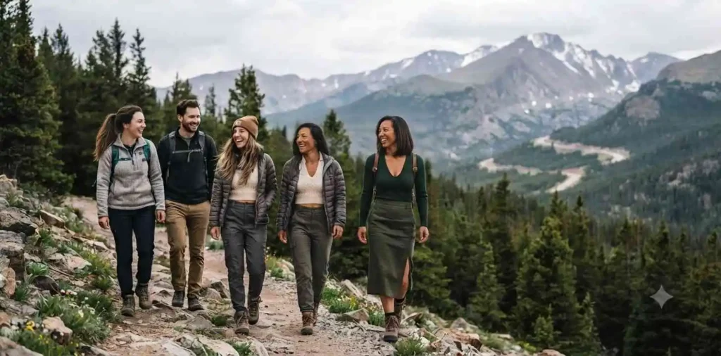 Friends hiking through Rocky Mountain trail