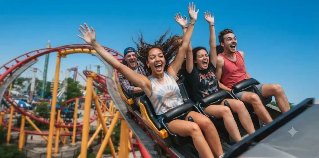 Friends cheering on a roller coaster ride