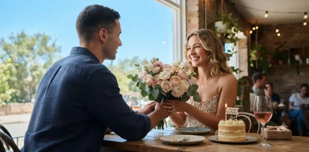 Boyfriend surprising girlfriend with birthday flowers
