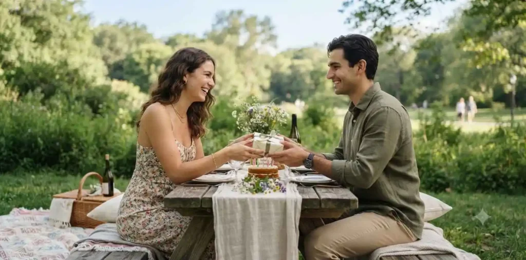 Couple celebrating a birthday together outdoors