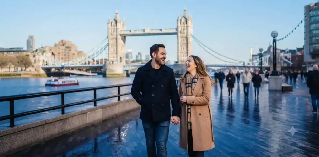 Couple walking beside illuminated Tower Bridge