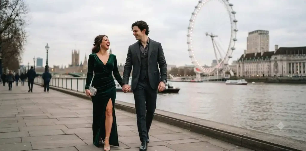 Couple sharing a quiet moment beside the London Eye