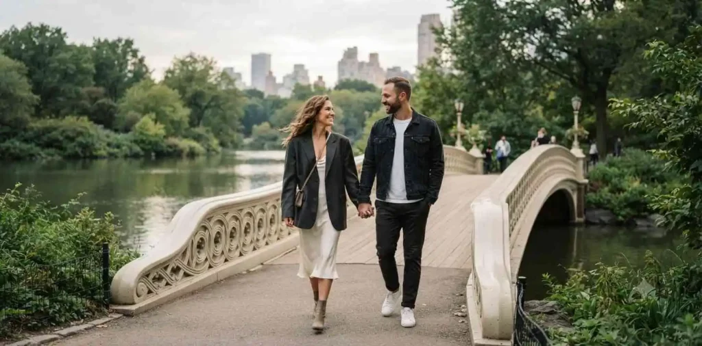 Couple walking together across Bow Bridge