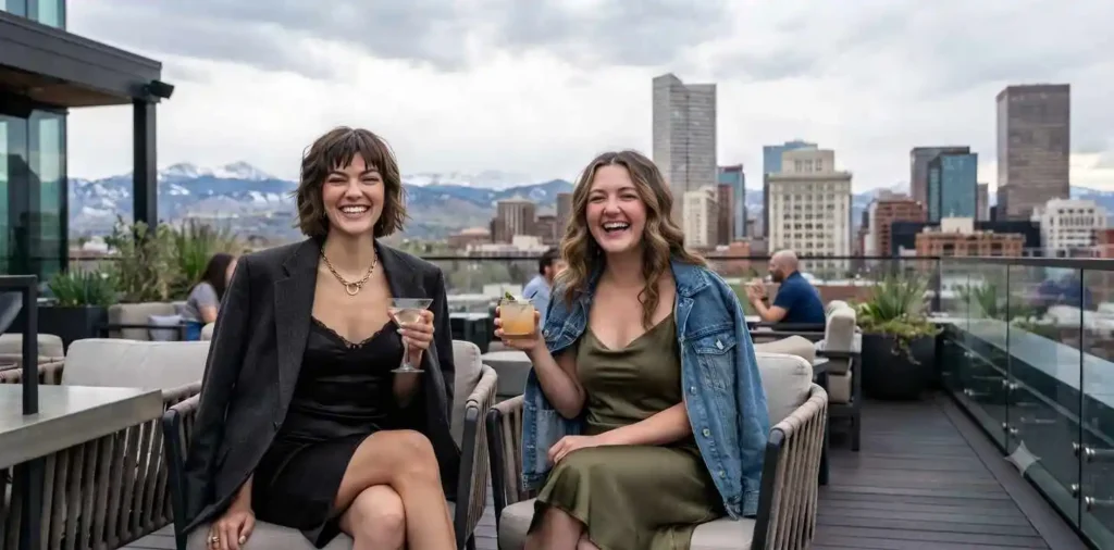 Friends enjoying a rooftop city view