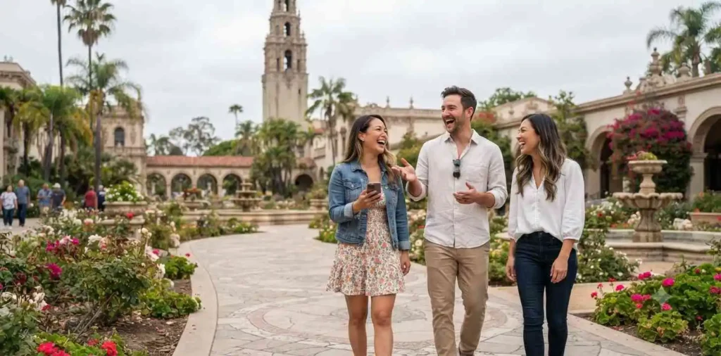 Friends exploring landscaped gardens in Balboa Park