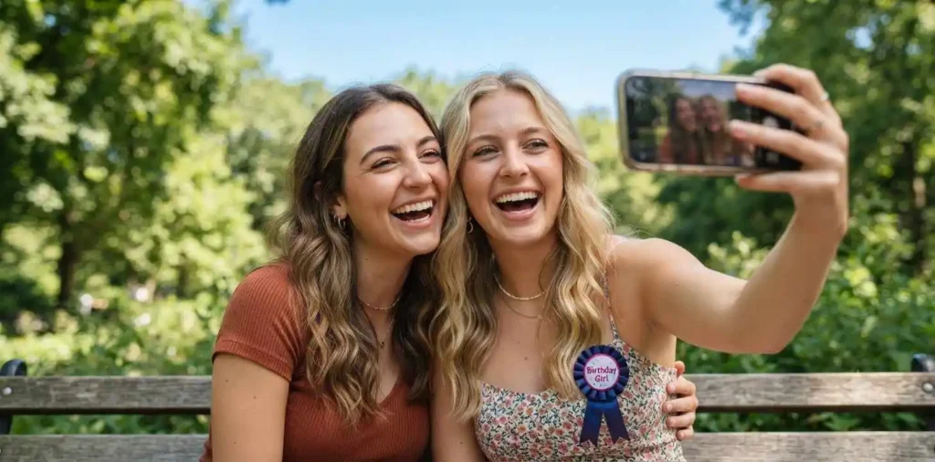 Two sisters smiling during a birthday selfie