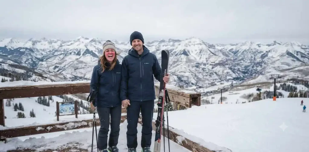 Skier celebrating on snowy Aspen mountain