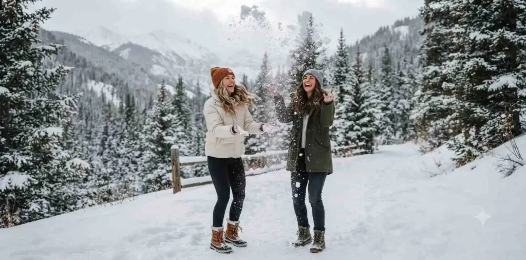 Friends enjoying snowfall in Aspen village