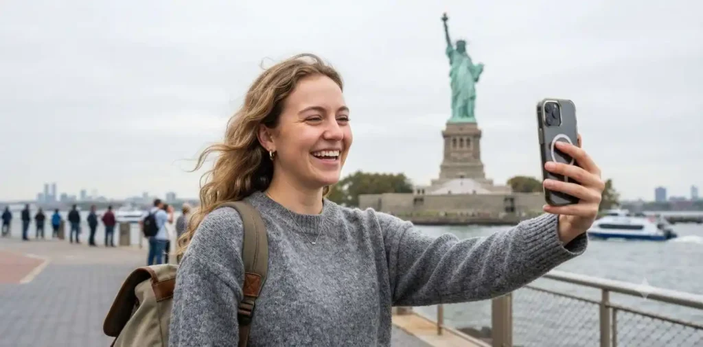 Traveler taking a selfie with the Statue of Liberty