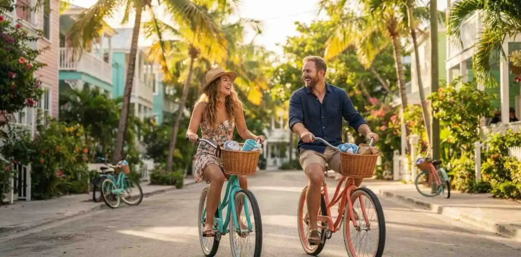 Couple exploring colorful island streets together