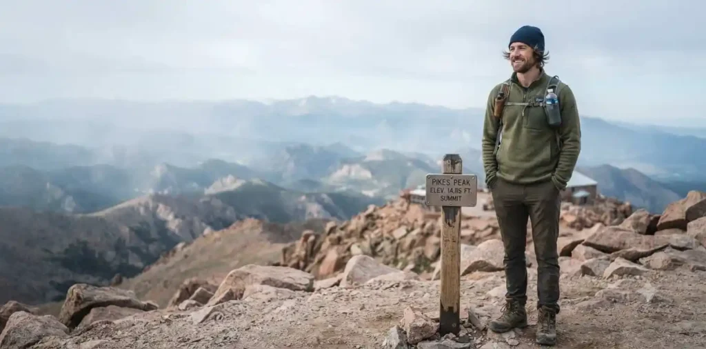 Traveler celebrating at a mountain summit