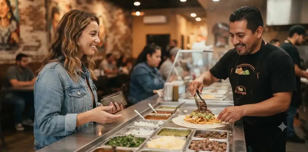 Customer ordering food at taco shop