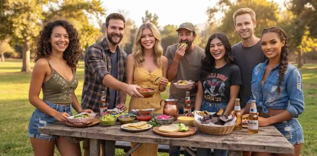 Friends enjoying tacos together outdoors