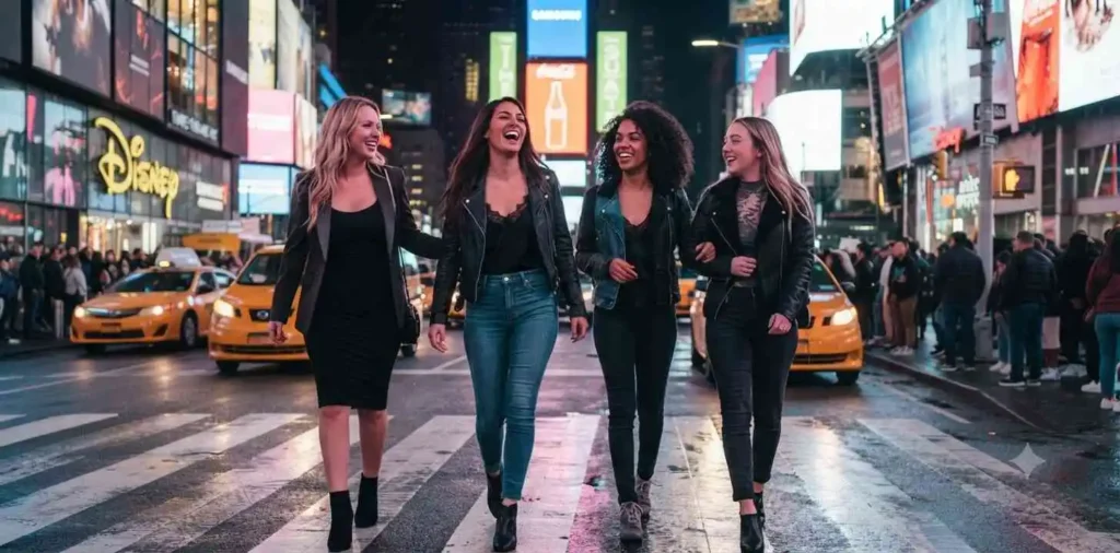 Friends walking beneath bright Times Square billboards